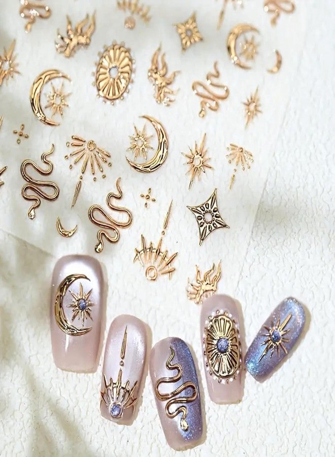 SPLOCUDU 2 Sheets Gold Boho Nail Stickers for Nail Art Gold Star Moon Sun Snake Nail Decals 5D Embossed Nail Art Decals Self-Adhesive Stickers for DIY Nails Art Decoration - Image 4